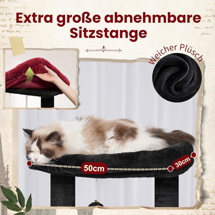 Великий котячий будиночок Kratzbaum: стабільний, 200 см, з платформами, печерами, гамаком та сизалевими стовпчиками (GCT031W, чорний та червоний)