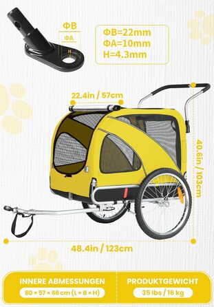 SEPNINE® Причіп для собак XL 2-в-1, велосипедний та візок для собак до 40 кг, складний з гальмами та зчіпним пристроєм, для середніх та великих собак - Синій (Жовтий - до 40 кг)