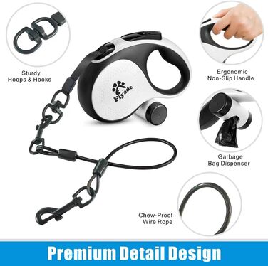 Висувна собача повідка, 5 м: повідка з двома карабінами, повідка для 2 собак, подовжена повідка для собак середніх та великих порід до 50 кг, білий та чорний колір