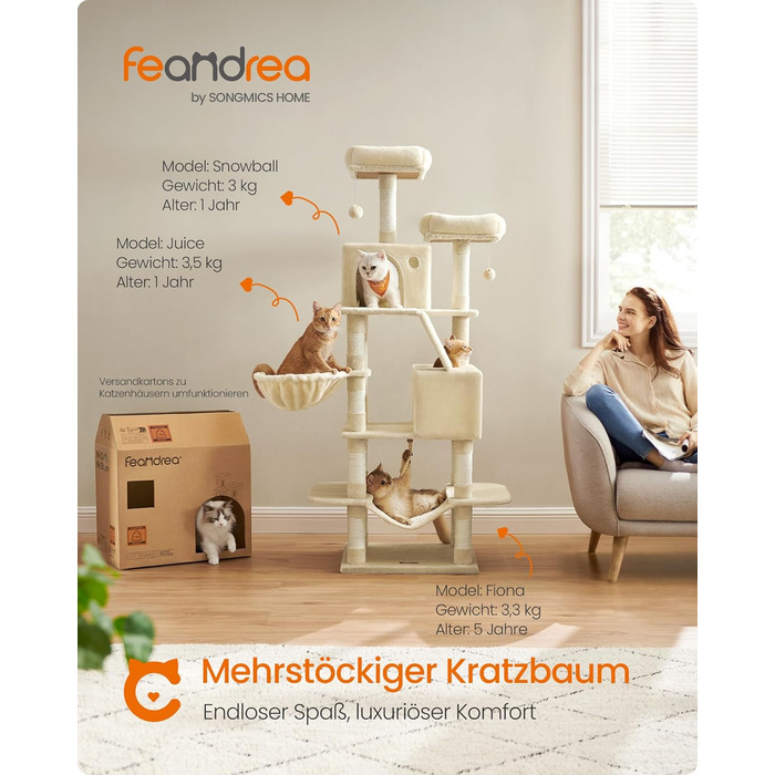 Комплекс для котів Feandrea Kratzbaum PCT165W01, 168 см, бежевий: 13 стовпчиків, 2 платформи, 2 печери, гамак, кошик, м'ячики