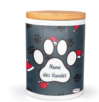 PICANOVA Набір миски та контейнера для ласощів для собак з іменем - Персоналізований набір у різдвяному дизайні. Керамічний набір миски та контейнера для ласощів як подарунок для власників домашніх тварин. Дизайн Candy Bones (набір Санта-шапок)