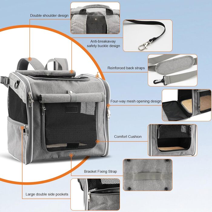 Корзина для собак на велосипед, складана 3-в-1, сіра. Підходить для малих та середніх тварин до 12 кг. З L-потриманням та 4 сітчастими віконцями.