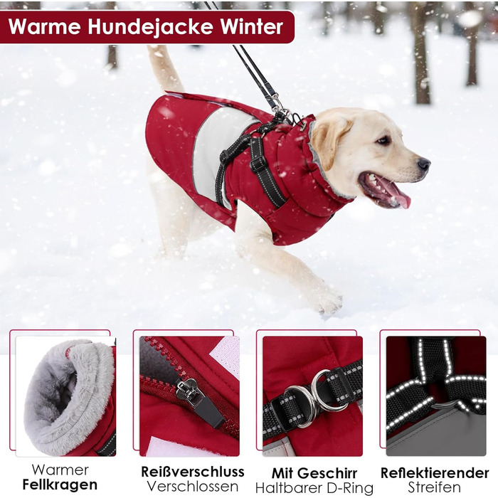 Теплий зимовий одяг для собак AOFITEE: куртка, жилет, водонепроникний, для великих порід (лабрадор, віндгорн, голден ретрівер), 2XL, бордовий