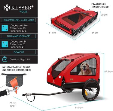 KESSER Причіп для собак Boxer 2-в-1, візок і велопричіп, 250 л, 45 кг, 600D Оксфорд, складаний, з прапором і сумкою