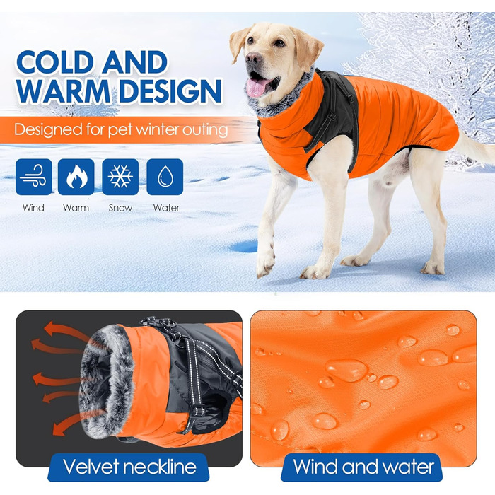 Зимовий теплий пуховик для собак, водонепроникний та вітронепроникний, з інтегрованим шлейкою, світловідбиваючими елементами та блискавкою - ідеальний для холодної погоди та снігу (Помаранчевий, S)