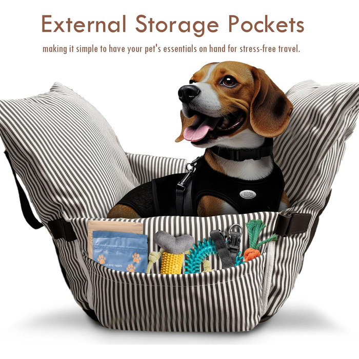 Автокрісло для собак - автокрісло-бустер для маленьких та середніх собак до 18 кг з ременем безпеки та кишенями для зберігання, антиковзаюча підставка (смугастий морський колір) (коричневий, 76.2 x 52 см)