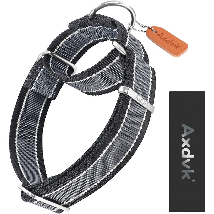 Нашийник для собак Martingale, 4 см, міцний нейлон 1600D, анти-вислизання, 3 кольори, для середніх та великих собак, розмір M, сіро-блакитний & чорний, обхват 36-53 см