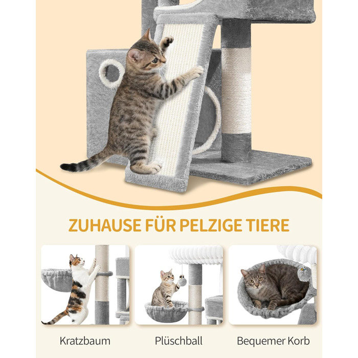 Кігтеточка для котів Hzuaneri, 98 см, з платформою, іграшками та кігтедраперами, сіра