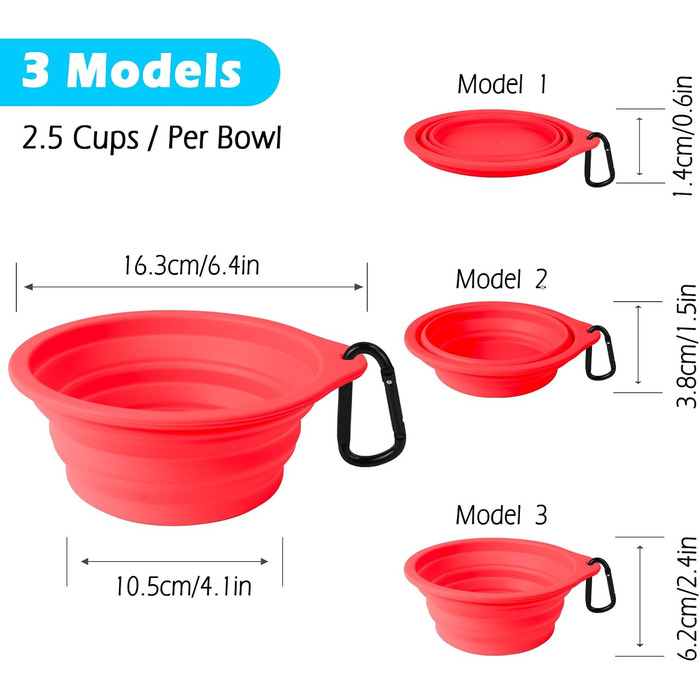 Складні миски для собак PetBonus, 2 шт. Силіконові миски для води та їжі для собак, портативні, витікають, з карабіном, для подорожей (600 мл, чорний, червоний)