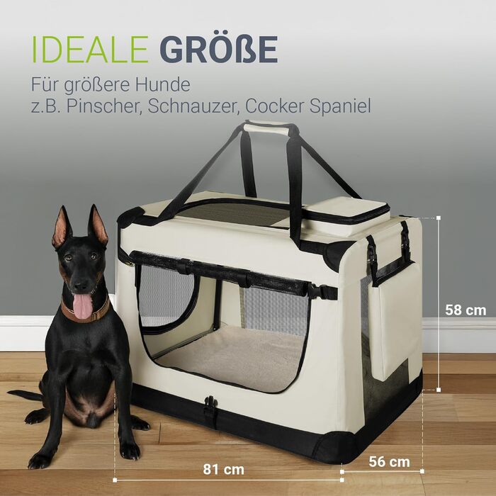Складана переноска для собак Juskys Lassie XL 56x81x58 см, бежева, оксфорд, з ручками, килимком і сумкою – транспортна коробка для собак, котів та домашніх тварин, портативна, для авто