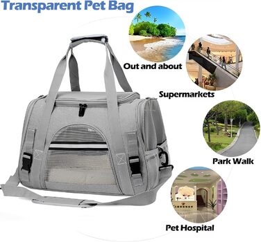 Транспортна сумка для тварин, сіра, 44x25x28 см, з плюшевою подушкою, переноска для кота/собаки, портативна, на блискавці