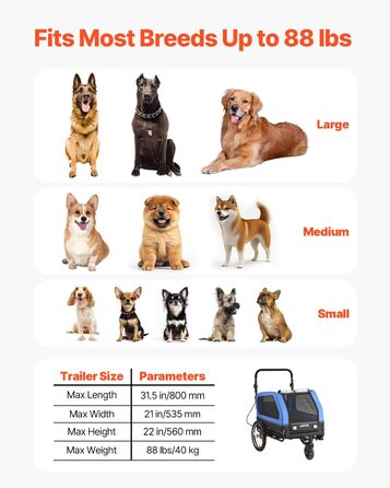 Причіп для собак VEVOR до 40 кг, 2-в-1, для маленьких та великих собак, з розкладним каркасом, універсальний з'єднувач, з прапорцем, внутрішній поводок, 1380x755x800 мм