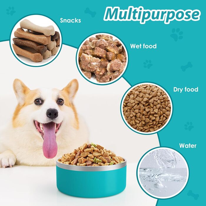 Набір мисок для собак IKITCHEN з нержавіючої сталі, подвійні стінки, 1.8 л, блакитний, для корму та води