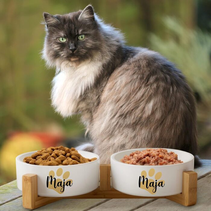 Керамічний двомісний набір мисок з іменем або текстом для собак та котів 'Велика лапа' - персоналізований набір мисок з/без підставки | Миска для собак, годівниця, миска для котів | Годівниця (2x 1300 мл, стійка)