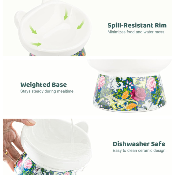 Котло propositions для котів TIGOADT: керамічна миска з підставкою, широка та нахилена, проти блювоти, для кошенят та літніх котів (блакитно-білий візерунок, квітковий візерунок)
