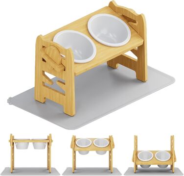 Підвищена годівниця для собак з підставкою, регульована висота, годівниця для маленьких собак та котів, міцна годівниця з бамбука з 2 керамічними мисками та килимком для тварин