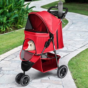 Дитяча коляска для тварин, складана, для котів/собак, з кошиком для зберігання та тримачем для напоїв, 3 колеса, для собак та котів, для маленьких або середніх собак, котів, цуценят (Червона)