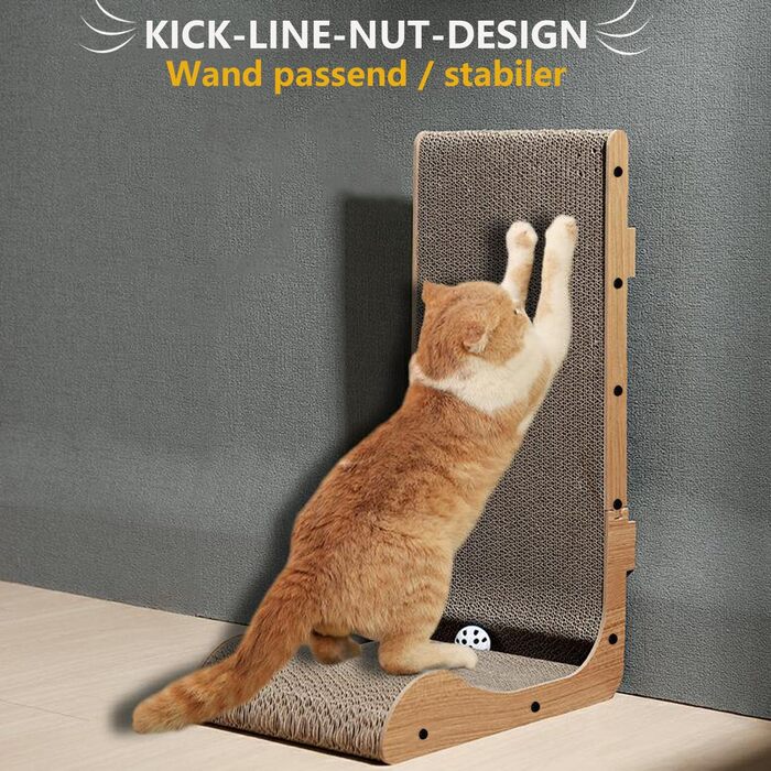 Кігтеточка для котів L-подібної форми, настінний монтаж, 60 см, вертикальна/горизонтальна, з іграшкою-кулькою, економія місця, довговічна конструкція для дому