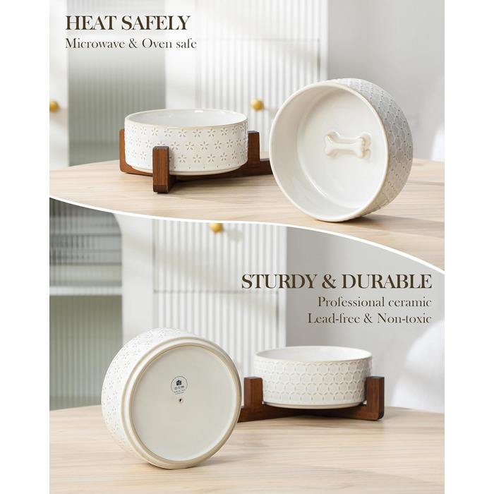 Набір мисок для собак Malacasa з підставкою з горіхового дерева, 3.5 чашок кераміки, миски для кормів та води для цуценят та собак, з антиковзним дном, підходить для собак та котів. В комплекті: п'ятилистове трав'яне добриво + стільнички.