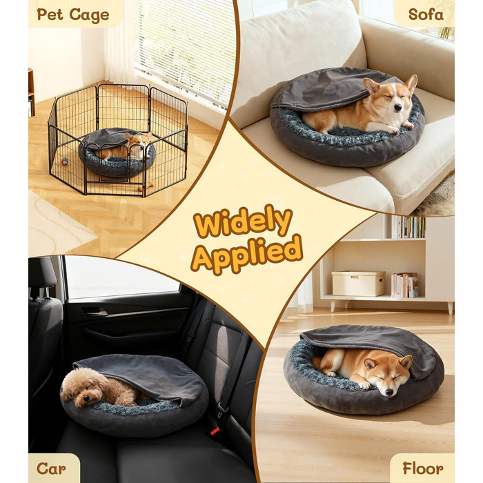 Кругла лежанка для собак та котів з капюшоном, розмір M, сіра, 60 x 60 x 19 см, м'яка, з антиковзною основою, самонагріваюча, для заспокоєння, миється