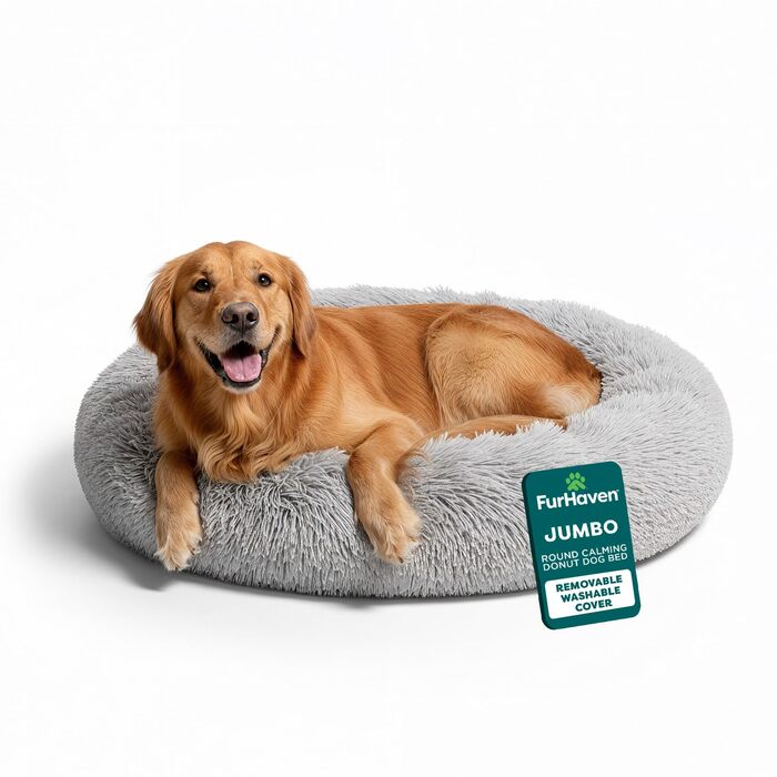 Кругла лежанка для собак Furhaven 45' XL Donut з м'якого штучного хутра, заспокоююча, знімний чохол, сірий, 114 x 114 x 23 см