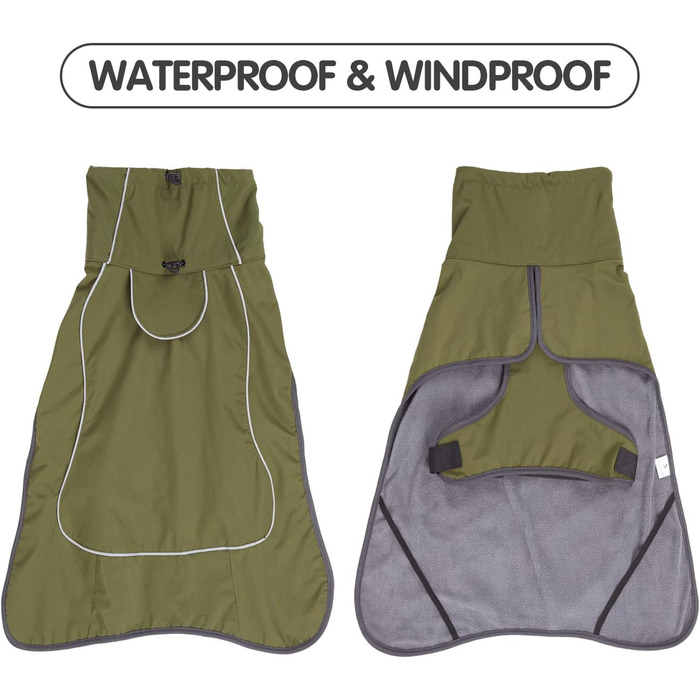 Водонепроникний собачий дощовик Pawivd з флісовою підкладкою - теплий зимовий дощовик та куртка для собак з світловідбиваючими смугами - для активного відпочинку в приміщенні та на вулиці, всі розміри (Хакі, XL)