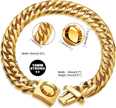 ToBeTrendy нашийник для собак золотистий, металева ланцюгова 18K кубинська плетіння, з надійною пряжкою, міцний, для середніх собак (16 мм, 35,6 см)