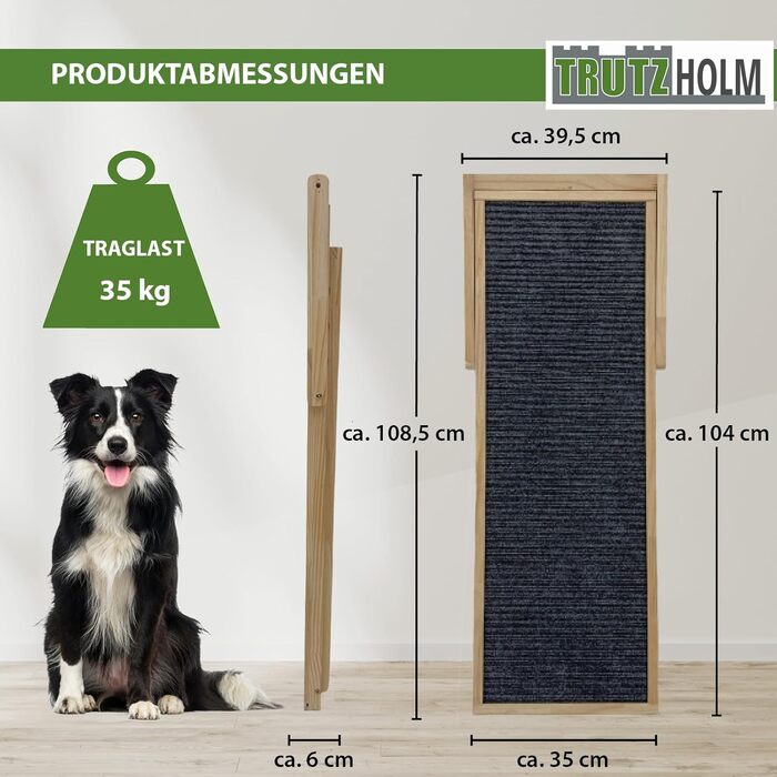 Міцна пандус для собак TRUTZHOLM з соснового дерева, 104x35 см, регульована висота 46/52/56 см, вантажопідйомність 35 кг, м'яка поверхня з фетру, для підйому домашніх тварин