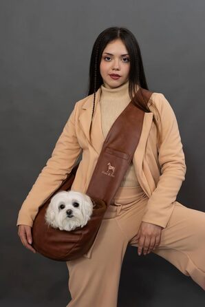 Сумочка для собак Noah & Paw для маленьких собак до 5 кг, з регульованим плечовим ременем та м'яким хутром, 3 системи безпеки, переноска для тварин з веганської шкіри (колір коричневий, розмір L 38 x 15 x 14 см)