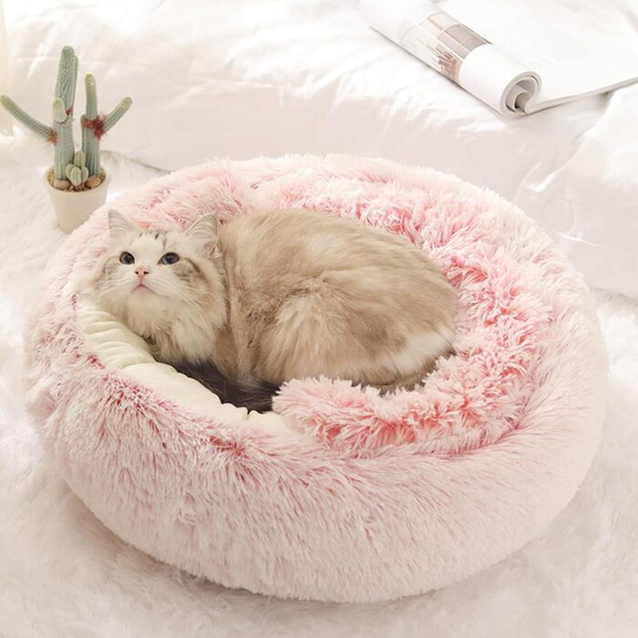 Килимок для кота, песика, гніздо-печери, круглий, м'який плюш, з капюшоном, пончик, теплий лежак для домашніх тварин, самопідігріваючий, 60 x 60 см (Рожевий)