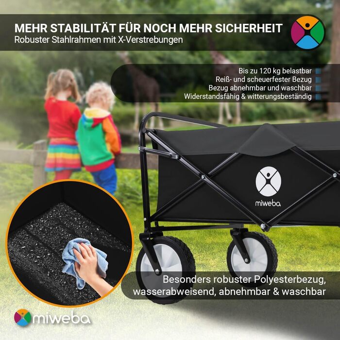 Складаний візок Miweba MB-35 | Вантажопідйомність 120 кг - для дітей, саду, пляжу | Чорний/Темно-сірий