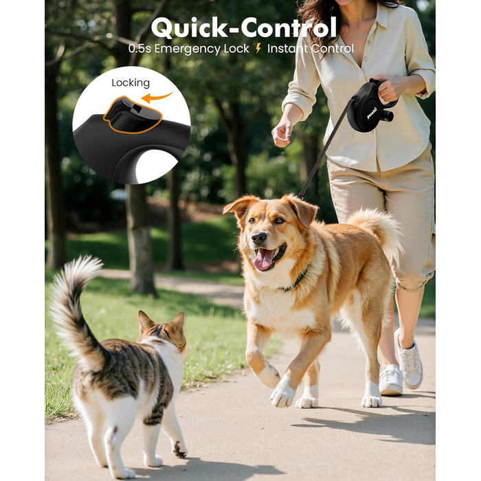 Рулетка для собак Pecute 8м, бісостійка, з набором для збору відходів, 360° без перекручування, чорна (до 50кг)