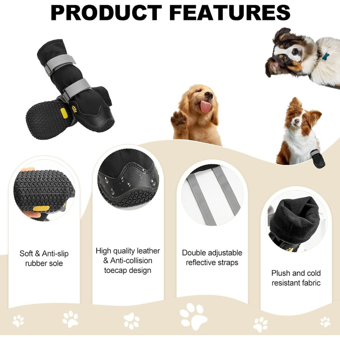 Водонепроникні собачі чоботи з неслизькою підошвою та світловідбиваючими смугами. Чоботи для собак з міцної шкіри та гумової підошви, захист лап для собак маленьких, середніх та великих порід. 4 шт. (Розмір L, Чорний)