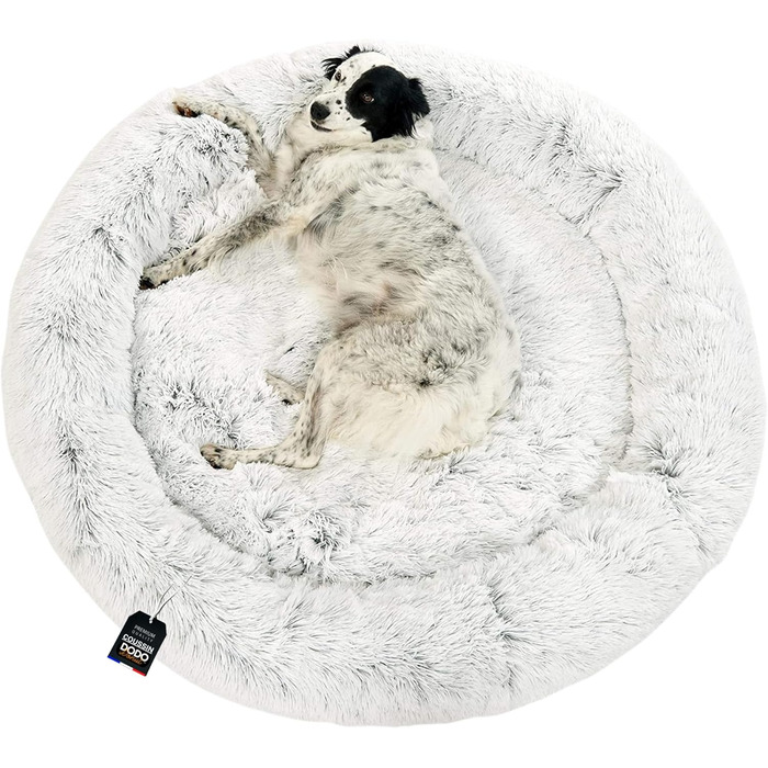 Кругле собаче ліжко-пончик з м'якої тканини, 115 см, сірий перламутровий колір. Підходить для собак маленьких та великих порід. Знімний чохол для зручності миття.