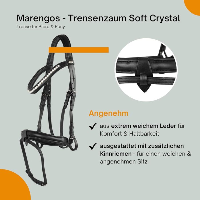 Анатомічна вуздечка Marengos Trensenzaum Soft Crystal з комбінованим англійським капсюлем із шкіри для коней і поні, чорна, з м'яким потиличником та повідцями