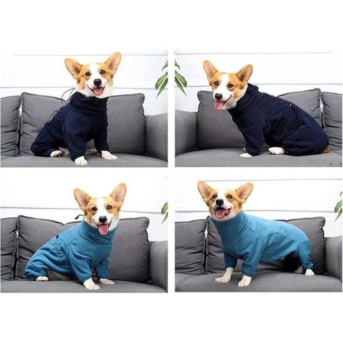 Теплий зимовий одяг для собак, флісовий пуловер з ніжками, регульований халат для тварин з капюшоном для коргі, підходить для цуценят, маленьких, середніх та великих собак (Колір: Синій, Розмір M Синій)