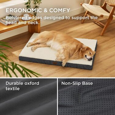 Ортопедичне ліжко для собак BEDSURE великих порід - 112x81x7.6 см, м'яке, миється, сіре/бежеве