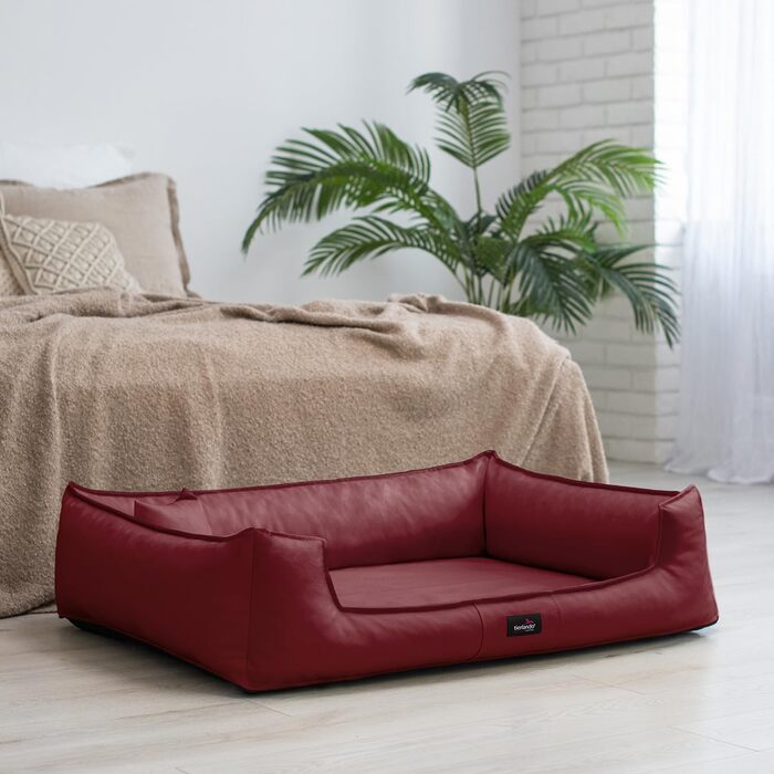 Ортопедичне собаче ліжко Tierlando® Goofy Easy Clean з штучної шкіри, з захистом для матраца, для середніх та великих собак, розмір 130x100 см, темно-червоний колір