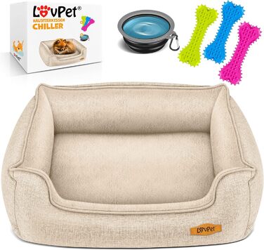 Лежак для собак Lovpet Chiller XL 110x75x27 см, знімний чохол, миска та 3 кісточки, для малих, середніх і великих порід, бежевий
