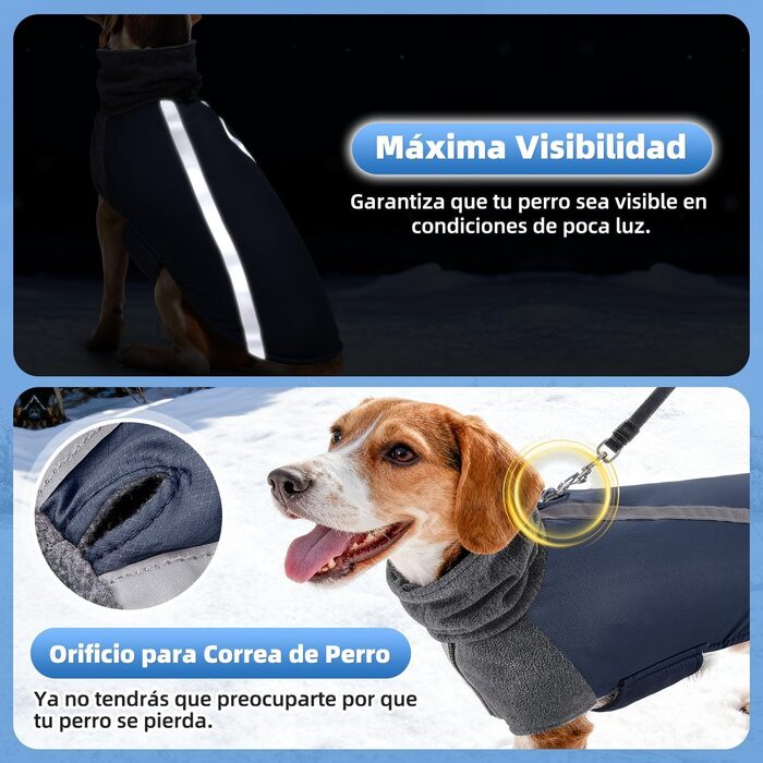 Зимовий одяг для собак SlowTon: тепла куртка з флісу, водонепроникна та вітронепроникна, з нашийником-гетром та світловідбиваючими смугами, регульована, для цуценят, темно-синій, розмір S