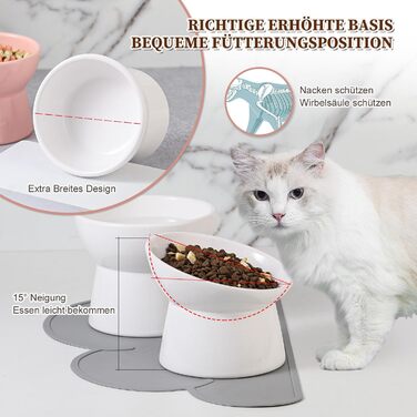 Набір мисок для котів з підняттям, кераміка, 3 шт. з антиковзною підкладкою, великі миски для їжі та води, білий