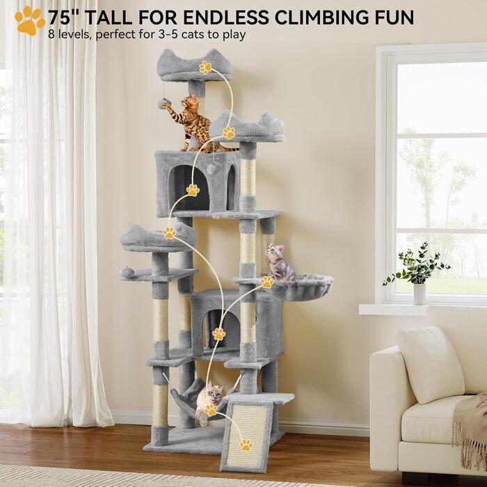 Кігтеточка YITAHOME 190 см, багатоярусна, з сизалю, з пандусом, плюшеві стійки, гамак, просторі будиночки, центр активності для кошенят (сірий)