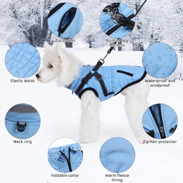Водонепроникний зимовий одяг для собак Poseca з інтегрованим нашийником, теплий, для маленьких, середніх та великих собак, блакитний