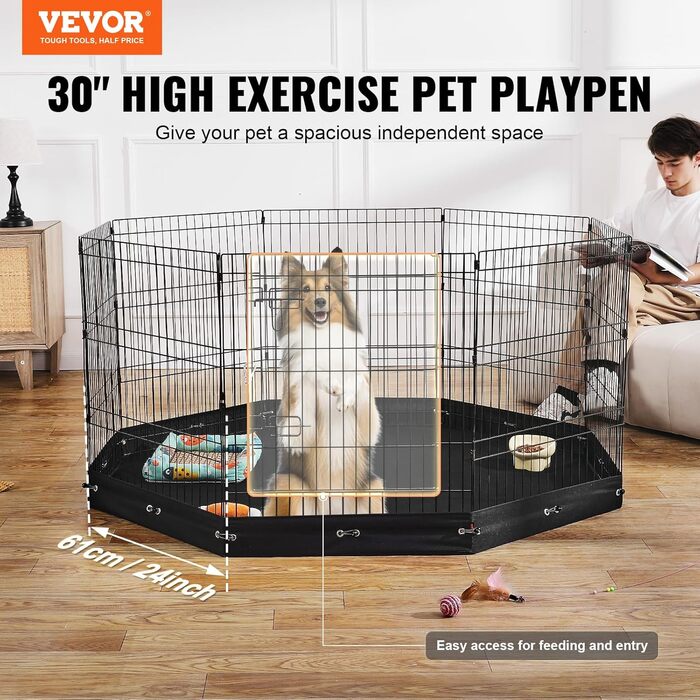 Лягувачка для собак VEVOR, 8 панелей, 76 см x 61 см, металева, складна, з дверцятами та килимком, для собак, котів та інших дрібних тварин