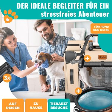 LOVPET® Транспортна переноска для собак та котів, 60x42x44 см | Складана переноска для тварин з мискою та плечовим ремінцем | для котів та собак, Бежевий M