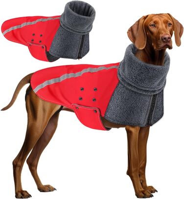 Зимова куртка для собак SlowTon з нашийником-гетром, світловідбиваючими смугами, регулюванням, водонепроникна, вітронепроникна, для цуценят, м'яка, червона, розмір L+