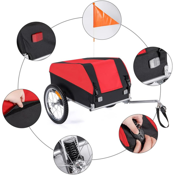Велосипедний причіп CXWXC зі стоп-дämpfer, великий вантажний простір 120L, вантажопідйомність 40KG, складаний вантажний причіп з тентом та прапорцем безпеки - ідеальний для щоденного транспортування (Червоний)