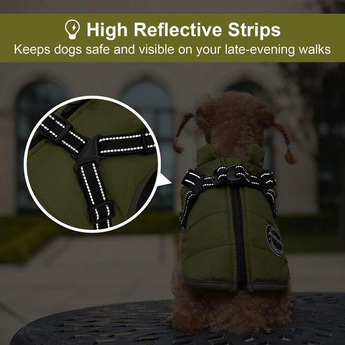 Зимовий одяг для собак: тепла куртка з нагрудником, вітрозахисна жилетка з флісовою підкладкою для маленьких собак (зелена, M)