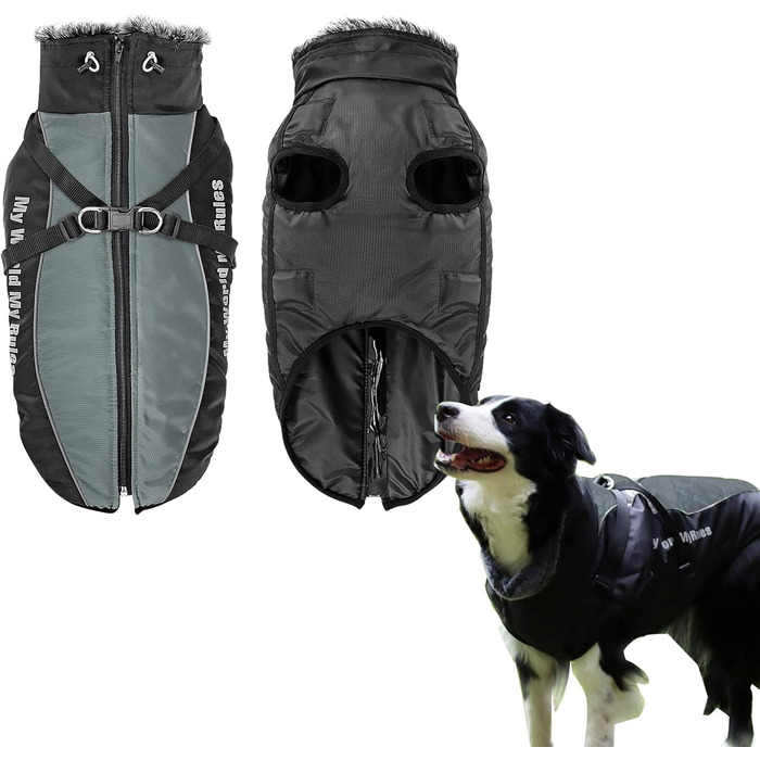 Водонепроникна зимова куртка для собак з шлейкою, великий розмір 6XL, чорний колір