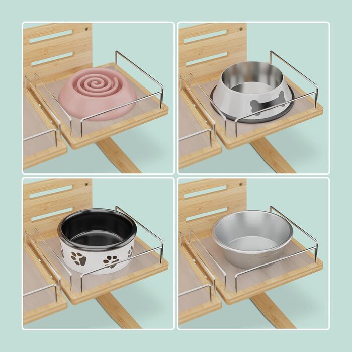 Станція для годування собак Relaxdays, регульована годівниця, HBT: 37x55x36 см, підставка для мисок з силіконовим килимком, бамбук, натуральний дизайн